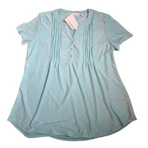🌿 Notations Aqua Floral‎ Tunic Top – Short Sleeve, Button Front, Size XL NWT